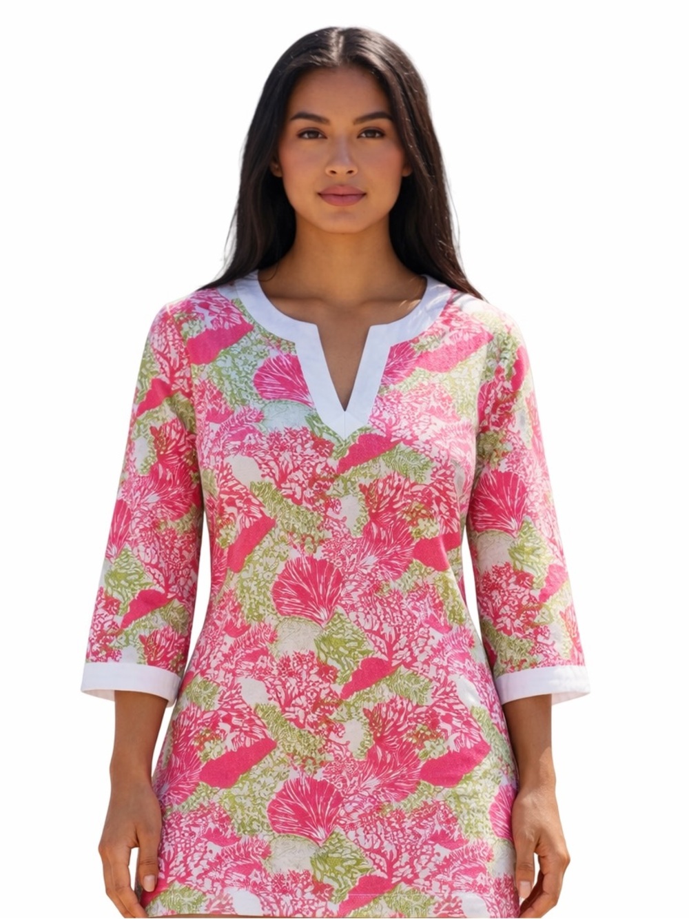 TOP IT OFF PINK GREEN FLORAL TUNIC BEACH COVERUP vneck TOP XS